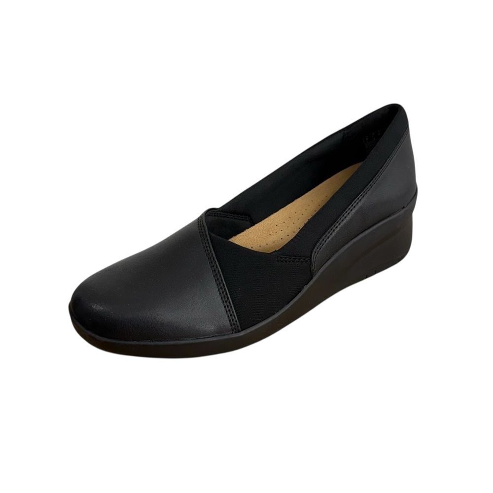 Clarks Suttyn Walk Wedge Flats Women Sz 8.5 Shoes Black Leather Ultimate Comfort